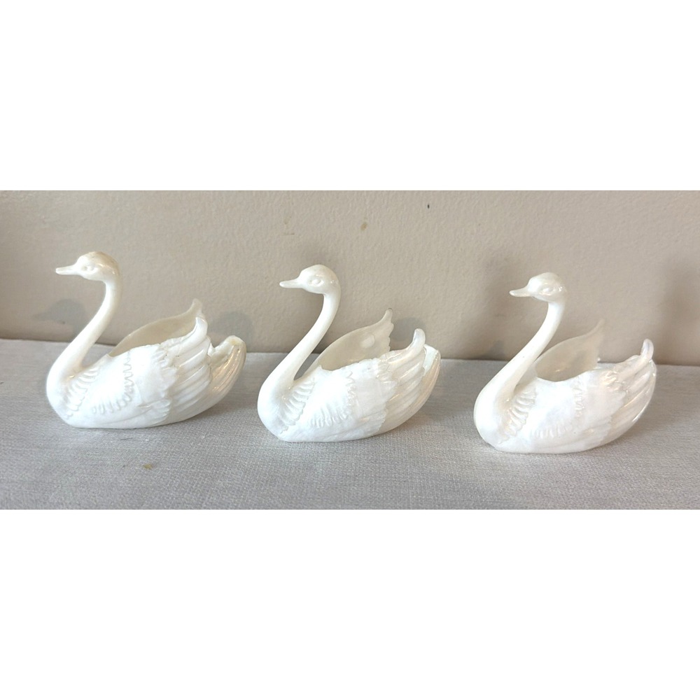Lot of 3 - Vintage White Pearlescent Celluloid Swans 2 1/4" Tall